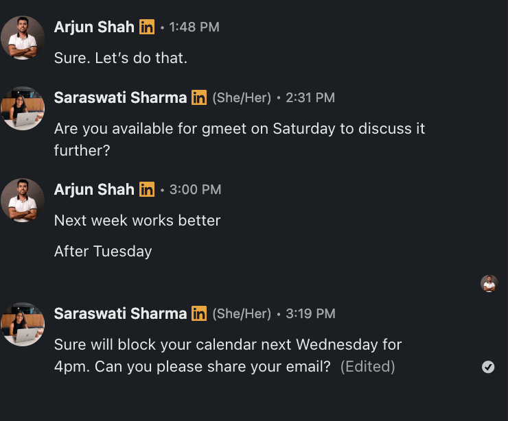 LinkedIn conversation with Arjun agreeing to a Wednesday call