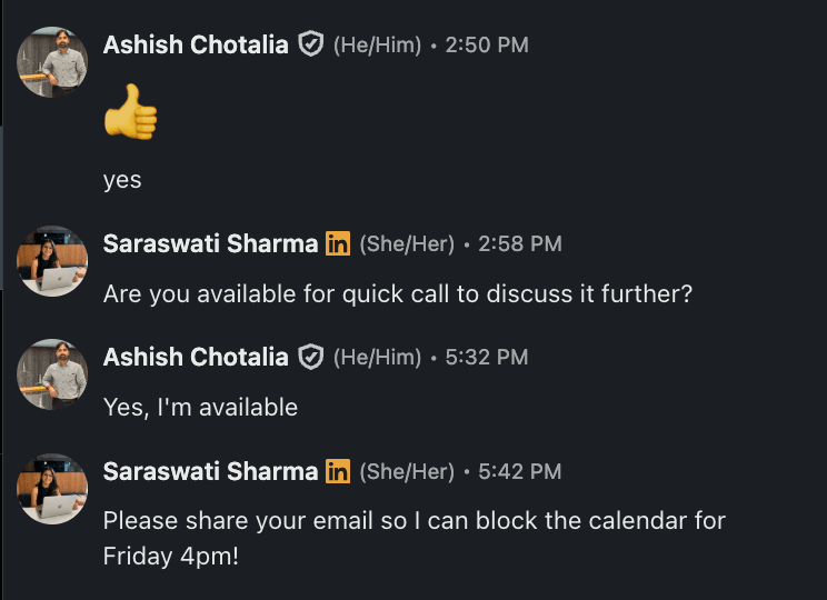 LinkedIn conversation with Ashish confirming availability for a Friday call