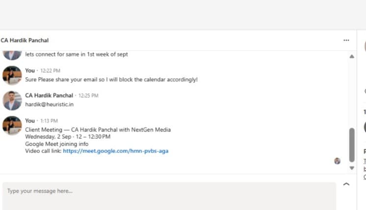 Conversation with Hardik booking a September client meeting
