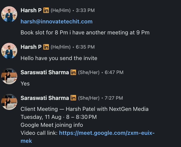 LinkedIn conversation with Harsh confirming an 8pm Tuesday client meeting