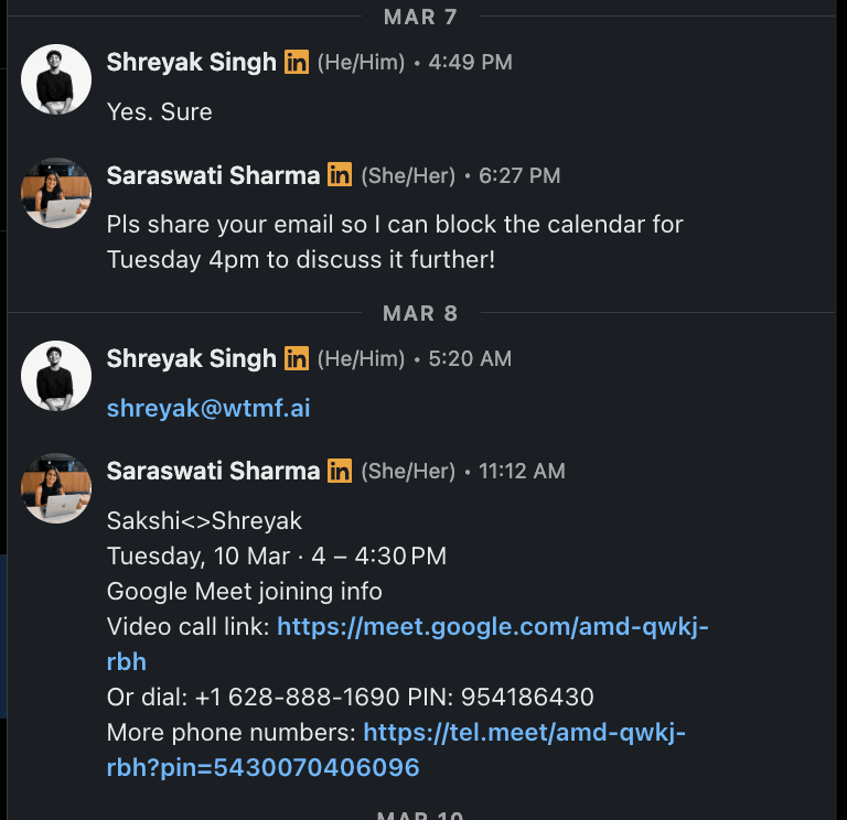 LinkedIn conversation with Shreyak confirming a Tuesday call with Google Meet details