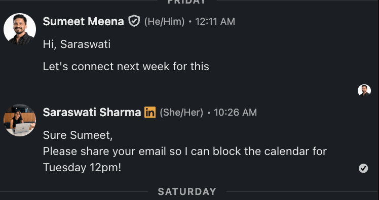 LinkedIn conversation with Sumeet arranging a Tuesday call