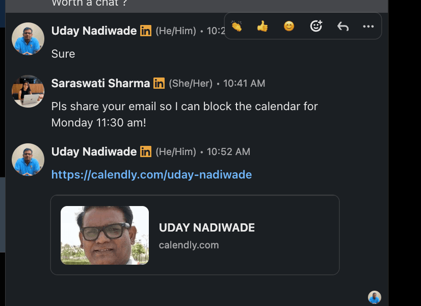 LinkedIn conversation with Uday sharing a booking link for a Monday call