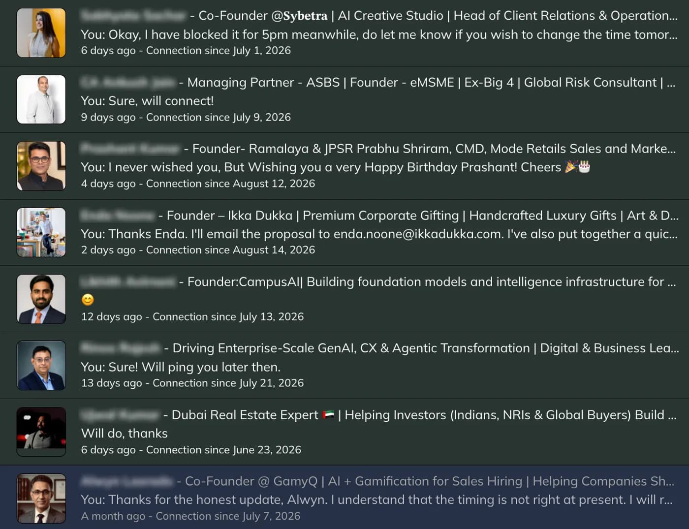 LinkedIn conversation list showing active outreach threads with AI and creative studio founders