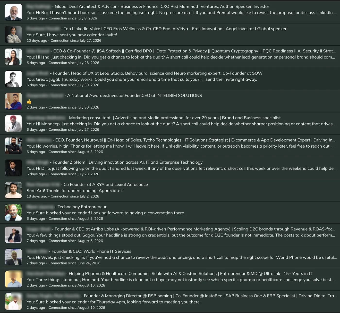 LinkedIn conversation list showing active outreach threads with consulting and finance leaders