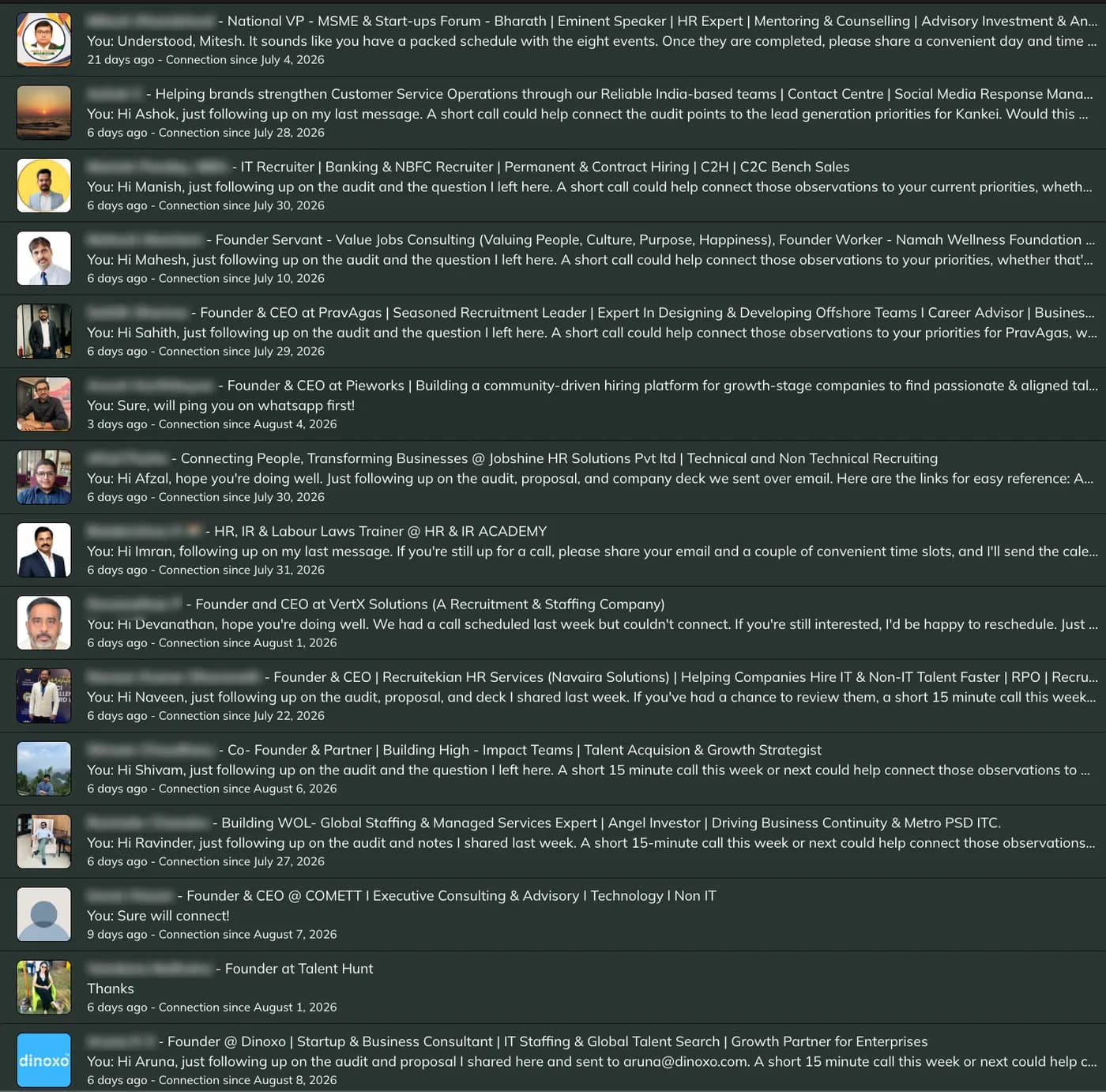 LinkedIn conversation list showing active outreach threads with recruitment and HR founders