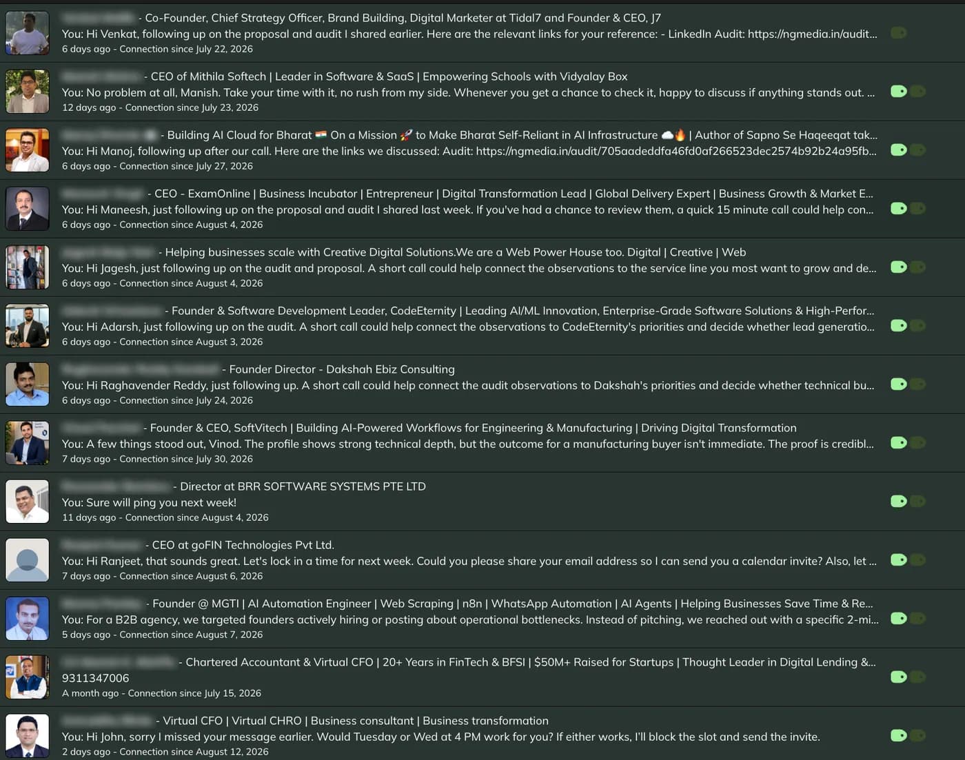 LinkedIn conversation list showing active outreach threads with technology and SaaS founders, several with audits and proposals shared