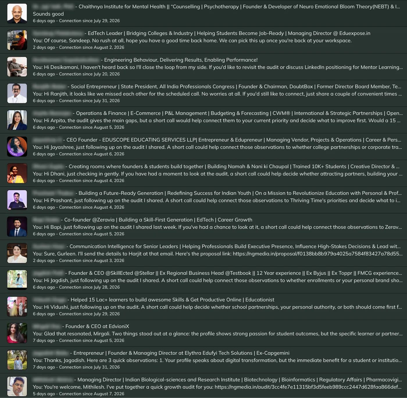 LinkedIn conversation list showing active outreach threads with EdTech founders