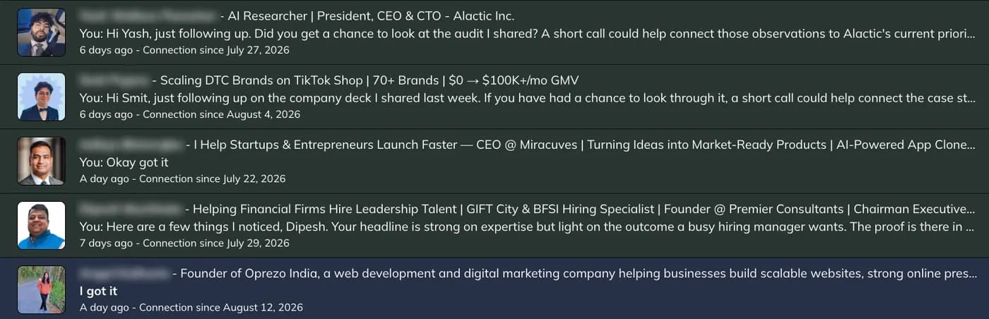 LinkedIn conversation list showing active outreach threads with DTC and startup founders