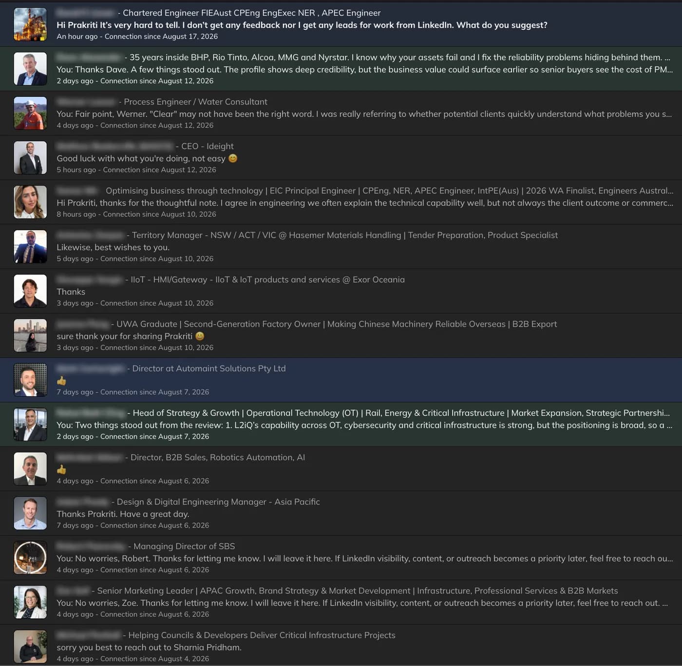 LinkedIn conversation list showing active outreach threads with APAC industrial and engineering leaders
