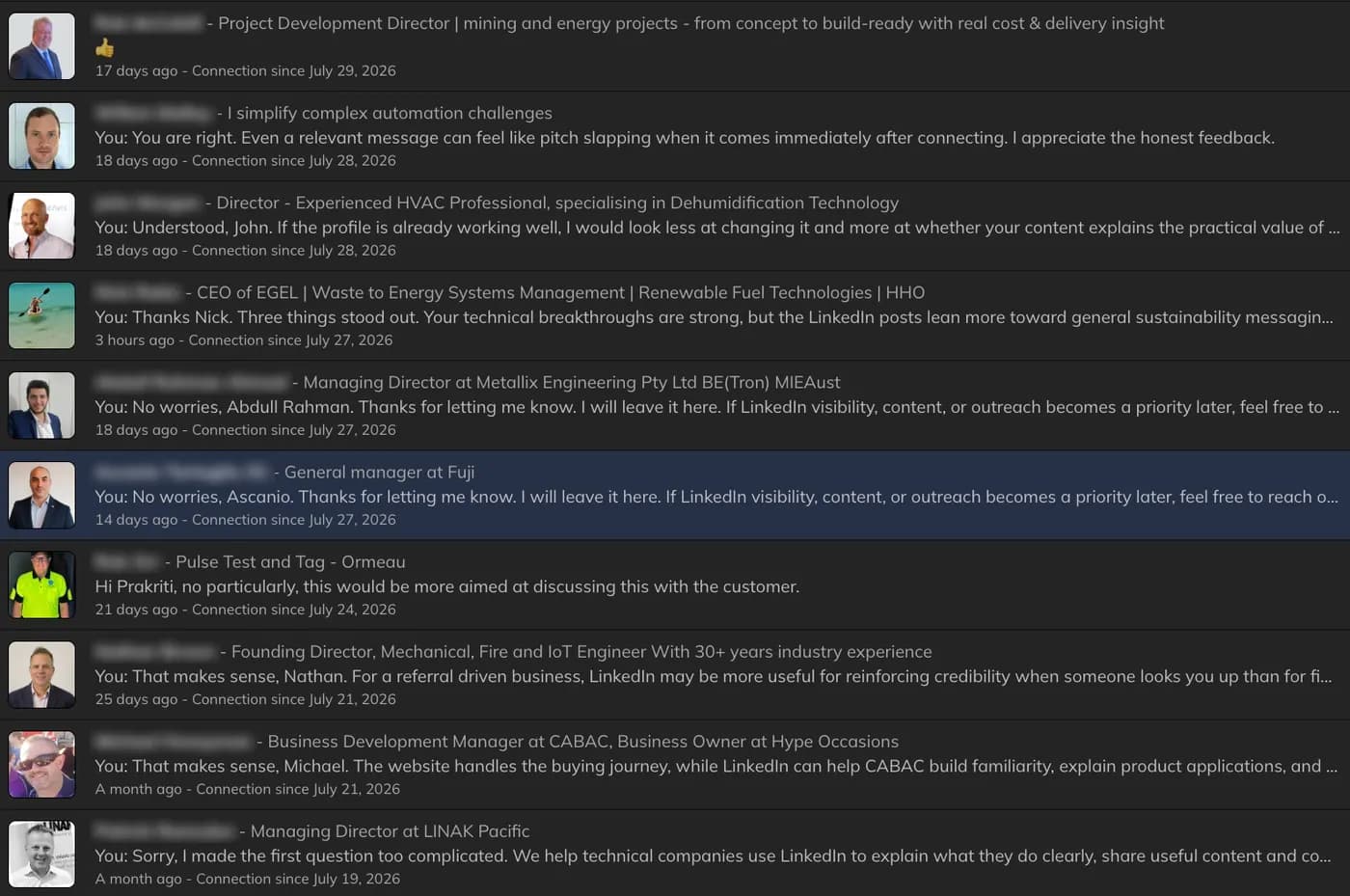 LinkedIn conversation list showing active outreach threads with APAC engineering and infrastructure leaders