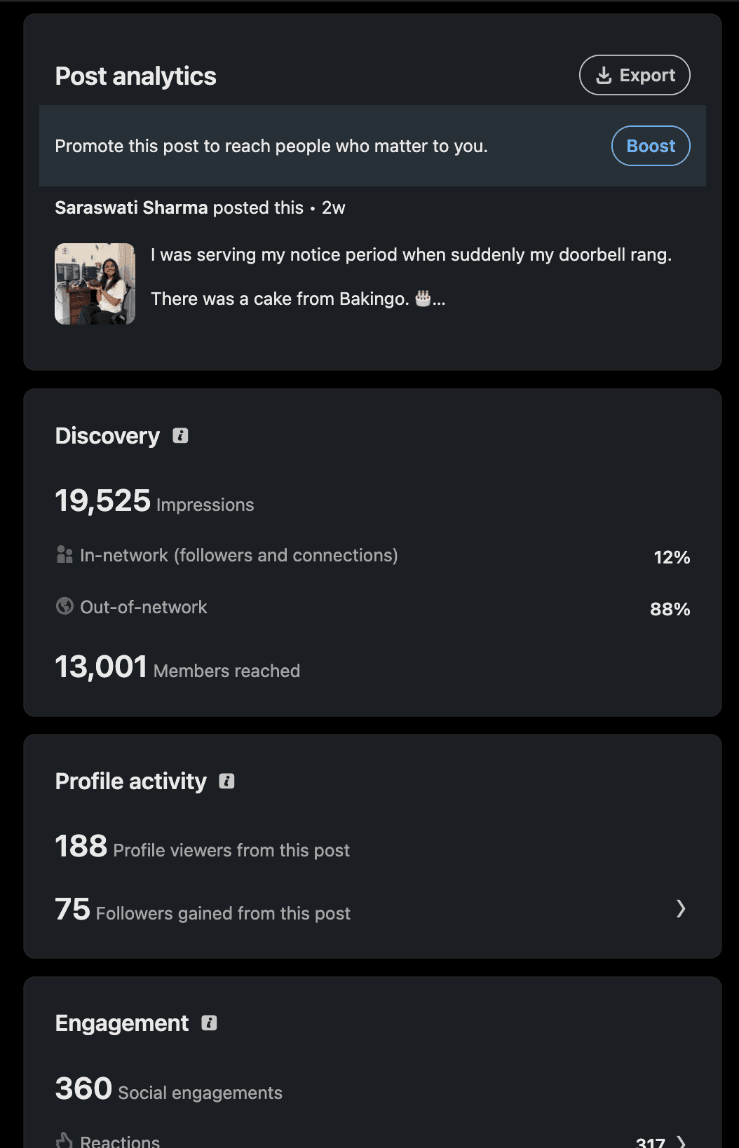 LinkedIn post analytics showing 19,525 impressions, 13,001 members reached, and 75 followers gained from a notice-period story
