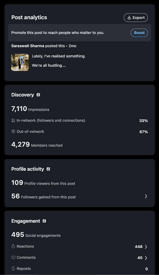 LinkedIn post analytics showing 7,110 impressions and 495 engagements from a reflective post